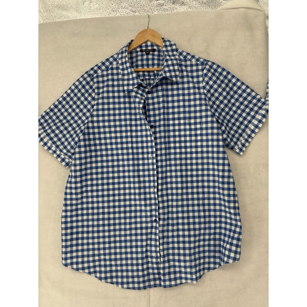Roamans Gingham Check Button Front Shirt Size 22W Tie Cuffs Blue White SH/SL NEW